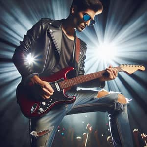 Stylish Guitarist on Brightly Lit Stage | Impressive Performance