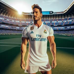 Passionate Hispanic Male Musician in Real Madrid Jersey at Santiago Bernabeu