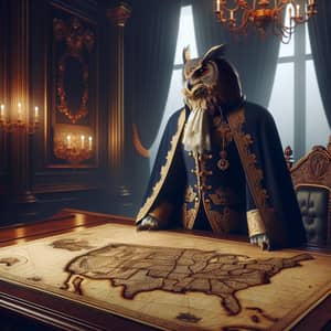 Regal Owl Studying Map in Elegant Navy Attire