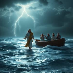 Miraculous Moment: Jesus Walks on Water at Night