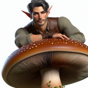 Fantastical Middle-Aged Elf Riding Alive Brown Mushroom Illustration