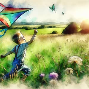 Whimsical Scene of a Young Boy Flying Kite in Sunlit Meadow