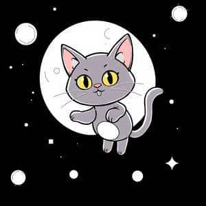 Cartoon Cat in Space - Line Drawing Art