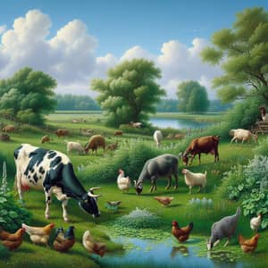 Tranquil Farmland Scene with Cow, Goat, Hens, and Fish