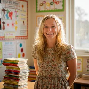 Smiling Blonde Teacher with Wavy Hair