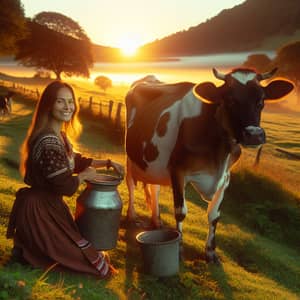 Mujer Mamando Lechita de una Vaca en Paz Rural