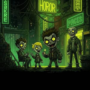 Dark Cartoon Art with Neon Glow & Grunge Texture