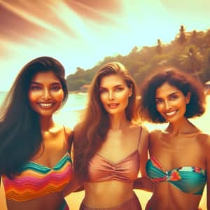 Diverse Women in Colorful Bikinis on Tropical Beach