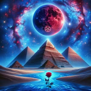 Vibrant Cosmic Art: Pyramids and a Blood Moon