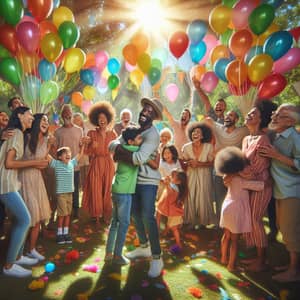 Joyful Reunion Under Multicolored Balloons at Beautiful Park