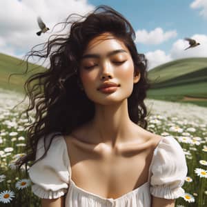 Serene South Asian Woman in Sunlit Daisy Field