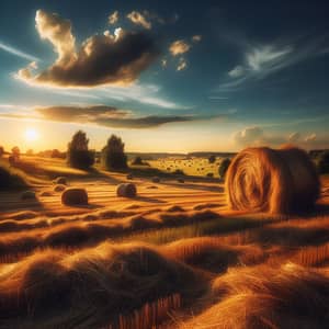 Golden Sunlit Meadow with Freshly Cut Hay | Idyllic Rural Scene