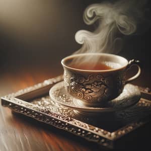 Steaming Cup of Tea on Ornate Tray