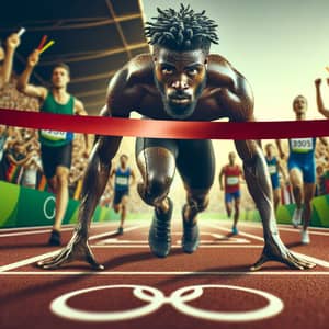 Diverse Male Athlete Breaks Red Ribbon at Olympic Finish Line