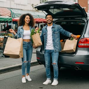 Happy Couple Leaving the Market with Groceries