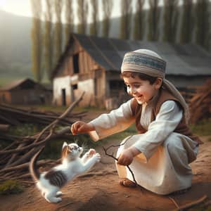 Joyful Middle-Eastern Boy Playing with Kitten in Farmyard