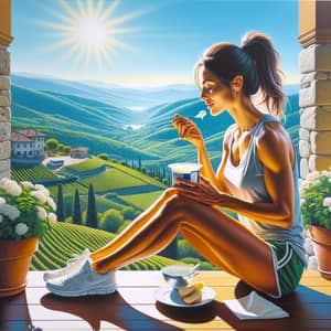 Athletic Woman Eating Yogurt in Sunny Italian Landscape