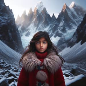 Young South Asian Girl in Furry Coat Amidst Snowy Mountains