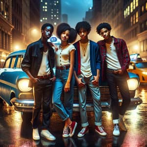 African American Teenagers in Fashionable Street Attire Near White and Blue Taxi Cab