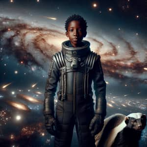 Young Black Male in Futuristic Spacesuit Amid Cosmic Wonders