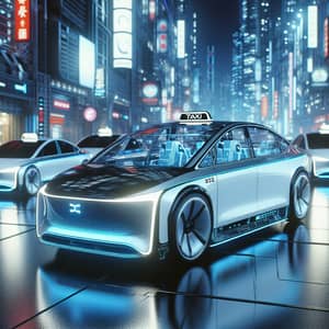 Sleek White and Blue Taxi Cab in Cybernetic City