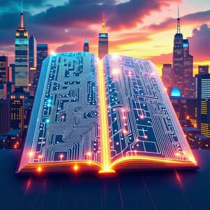 Futuristic Bible: AI-Written Holographic Tome in Cyberpunk City