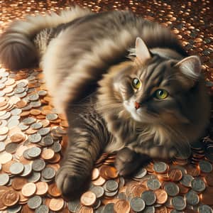 Grey Tabby Cat Relaxing on Penny Pile | Beautiful Coin Reflections