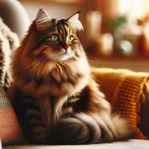 Fluffy Domestic Cat with Green Eyes on Cushioned Chair