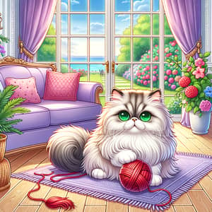 Fluffy Persian Cat on Lavender Sofa | Sunlit Garden View