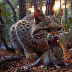 Wildcat in Mediterranean Forest Eating a Shrew