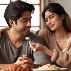 Intimate Multicultural Couple Sharing Home-Cooked Meal