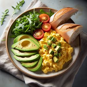 Tender Scrambled Eggs with Avocado and Rocket Salad