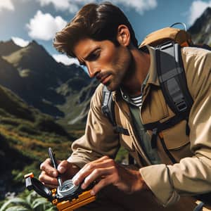 Hispanic Geologist Working in the Mountains with Compass and Hammer