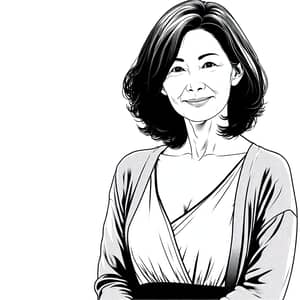 Black and White Drawing of a Smiling Asian Woman