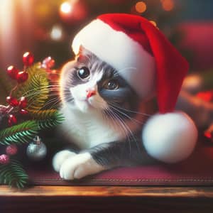 Festive Gray & White Cat in Christmas Hat | Whimsical Holiday Portrait