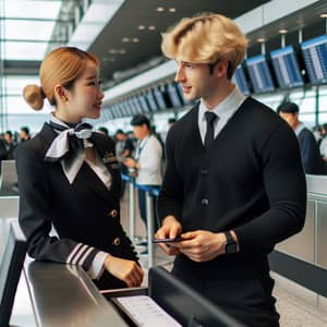 Korean Flight Attendant Conversing with Blonde Male Customer