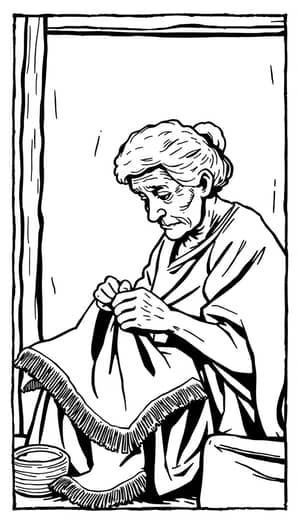 Old Woman Lola Stitching a Towel - Comic Strip Art