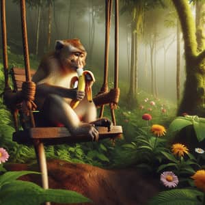 Monkey on Swinging Chair in Forest - Enjoying Banana Snack