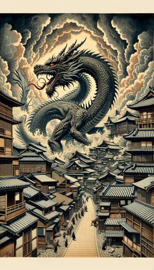 Godzilla Destroying City of Tokyo | Ukiyo-E Illustration