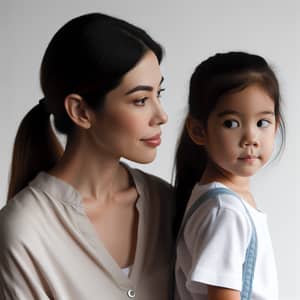 Asian Mother Observing Caucasian Daughter | Maternal Love and Concern