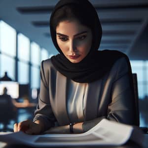 Modern Office Setting: Businesswoman Focused on Document