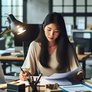 Professional South Asian Woman Examining Important Document at Workspace