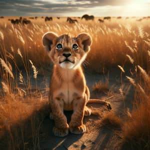 Young Lion Cub in African Savannah