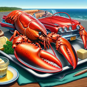 Vibrant Red Lobsters - Fresh Seafood Platter & Vintage Car Scene