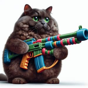 Whimsical Cat with Oversized Machine Gun Art