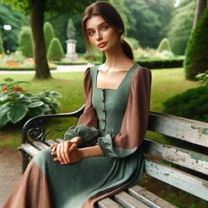 Tranquil Serenity: Beautiful Woman in Polka Dot Dress on Park Bench