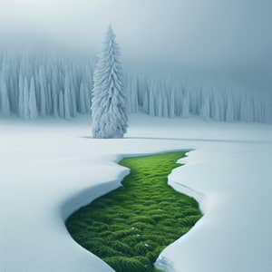 Snowy Field Landscape: Majestic Spruce Tree and Unexpected Green Grass