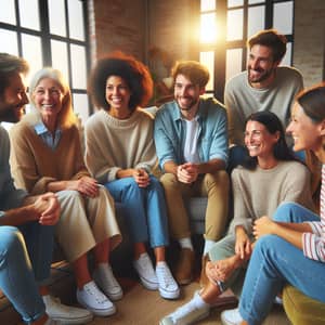 Diverse Group of Six Friends in a Cozy Indoor Setting