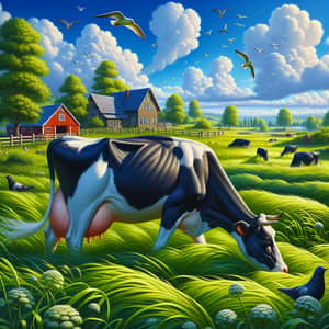 Idyllic Countryside Farm: Serene Pastoral Scene with Black and White Cow