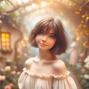 Whimsical Garden Portrait: Millie Bobby Brown in Dreamy, Soft-Focus Photography